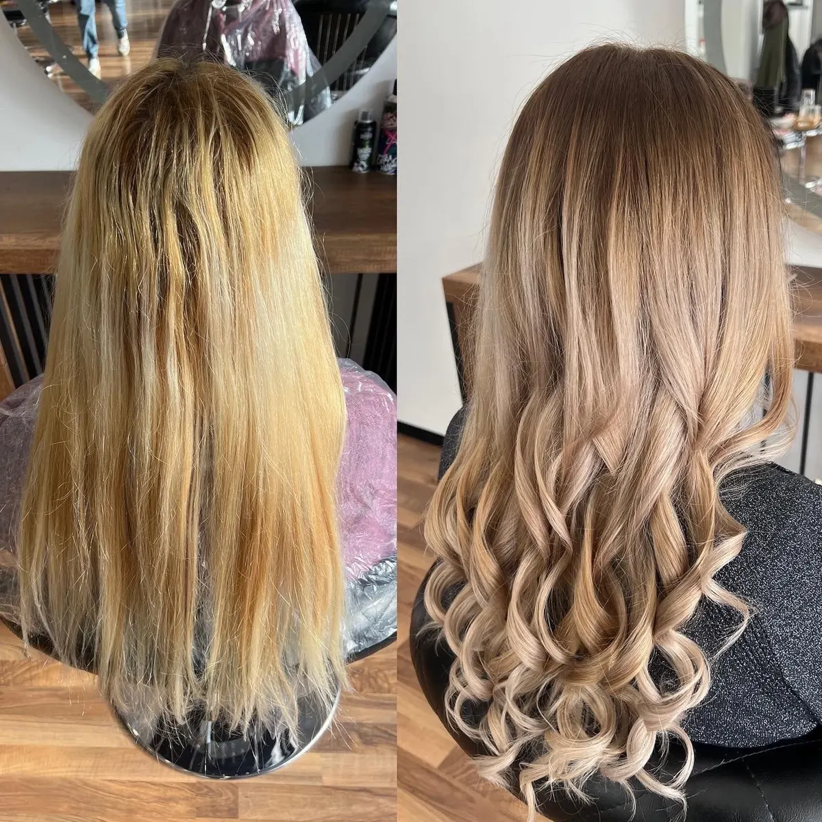 Vorher: lange Haare mit gelbstichigem Blond. Nachher: weiche Balayage mit Locken
