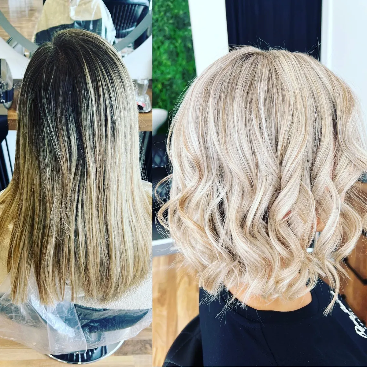 Vorher: lange Haare mit dunklem Ansatz und gelblichen Längen. Nachher: heller Blond-Bob mit Wellen