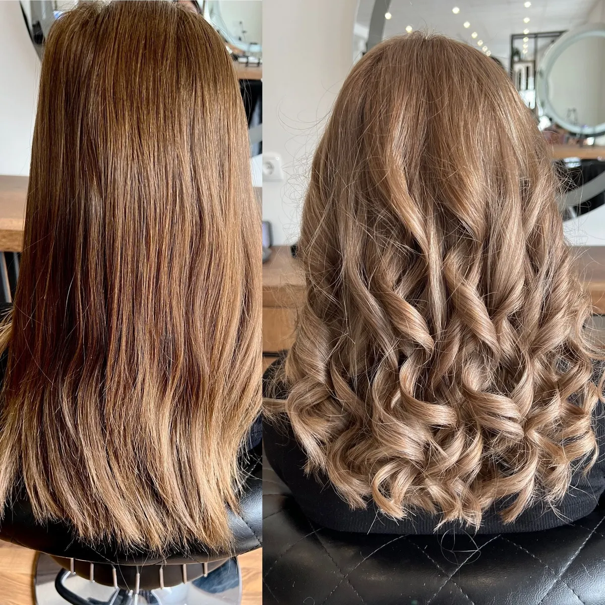 Vorher: glattes braunes Haar. Nachher: hellere Strähnen und große Locken